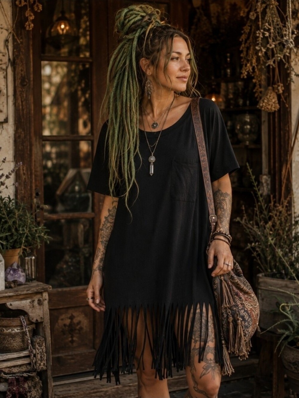 4/$15 Black Fringe Tee Dress Oversized Boho Western Festival